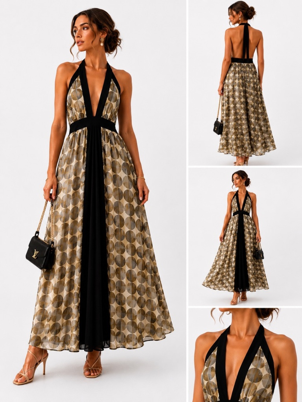 London Times Black Halter Maxi with Olive and Gray Circle Print